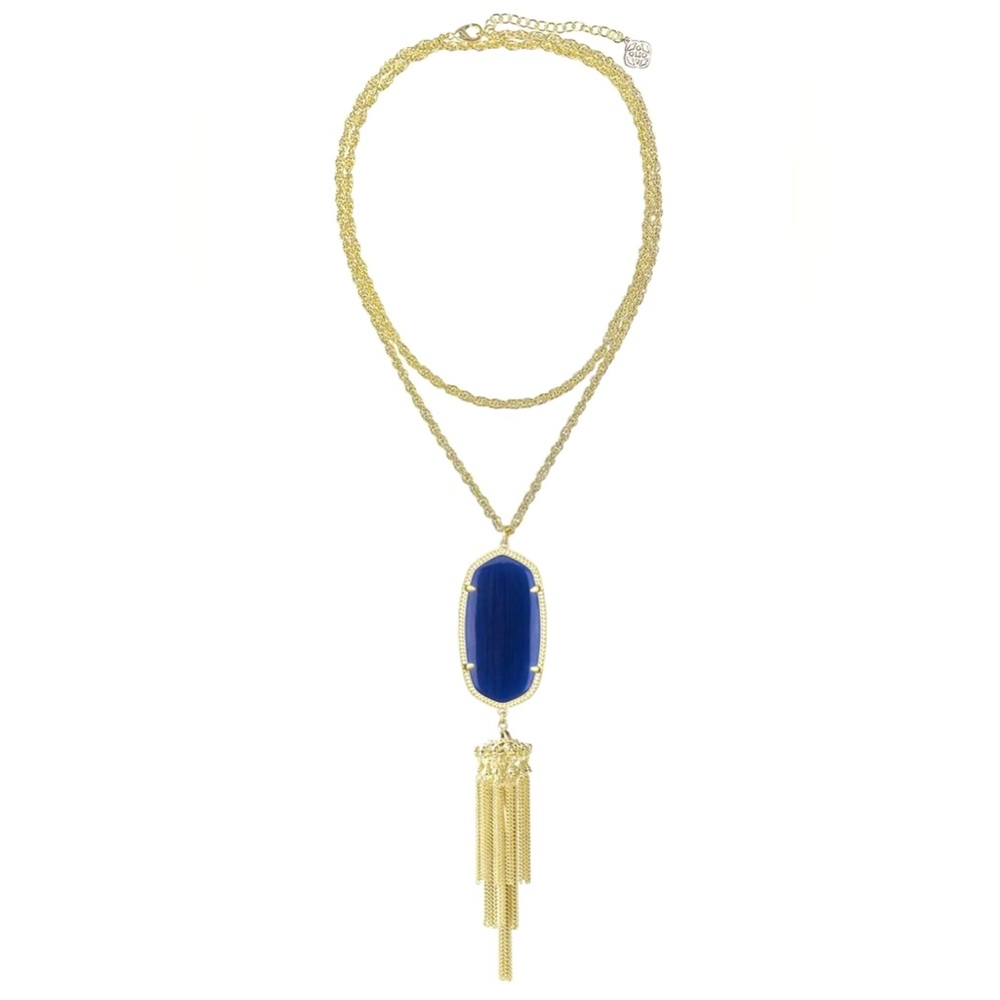 KENDRA SCOTT Rayne Long Gold Necklace w Deep Navy Blue Tassel Pendant